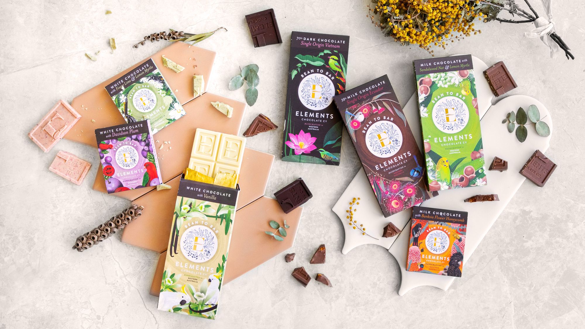 Elements Chocolate Co chocolate bars spread out with different flavours.