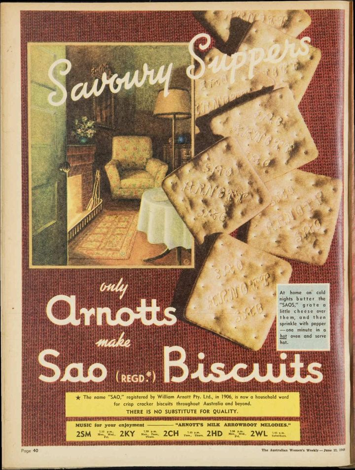 "1948 advertisement for Arnott's Sao biscuits" by Matthew Paul Argall - Old Ads is marked with Public Domain Mark 1.0.
